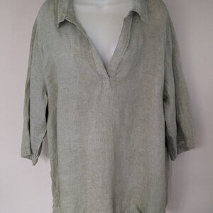 Tahara Sage Green Linen Top With Pearl Buttons Down Sides 3/4 Length Sleeves 2X